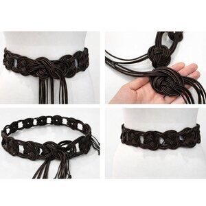 Brown Braided Boho Waist Belt Woven Knot Tie Wide Statement Adjustable
